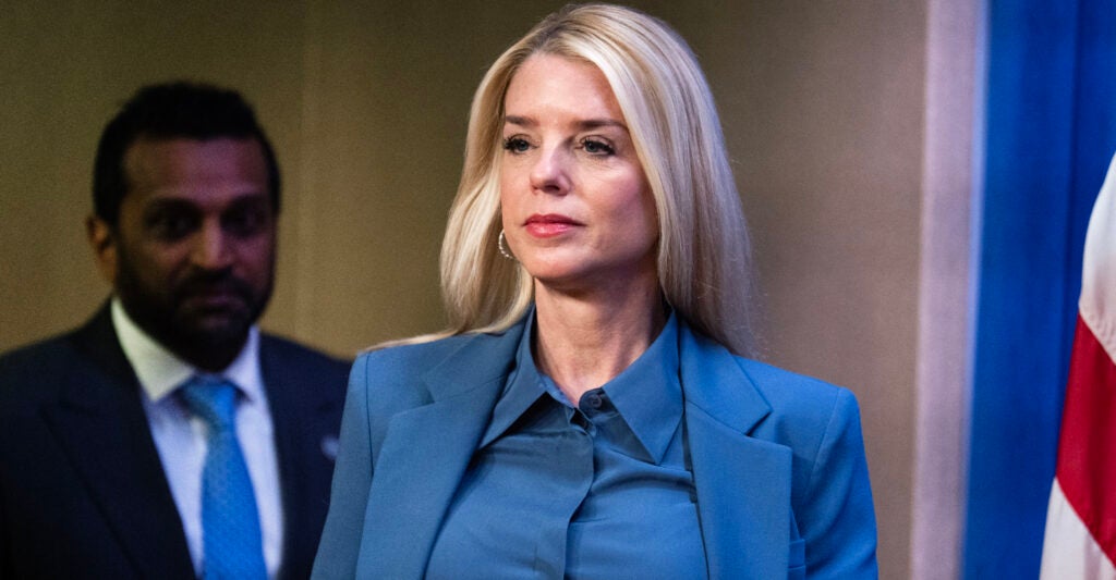 UNITED STATES - DECEMBER 4: Attorney General Pam Bondi and FBI Director Kash Patel arrive for a news conference at the Department of Justice on Thursday, December 4, 2025, announcing the arrest of Brian Cole Jr., who allegedly placed pipe bombs near the Republican and Democratic National Committee offices on January 6, 2021. (Tom Williams/CQ-Roll Call, Inc via Getty Images)