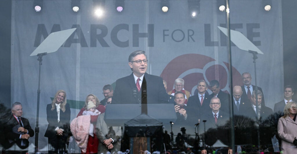 US Speaker of the House Mike Johnson, Republican from Louisiana speaks during the 53rd annual March for Life rally on the National Mall in Washington, DC, on January 23, 2026.
