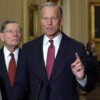 WASHINGTON, DC - JANUARY 28: U.S. Senate Majority Leader Sen. John Thune (R-SD) speaks as (L-R) Sen. Shelley Moore Capito (R-WV), Senate Majority Whip Sen. John Barrasso (R-WY), and Sen. James Lankford (R-OK) (L) listen during a news briefing after the weekly Senate Republican Policy Luncheon at the U.S. Capitol on January 28, 2026 in Washington, DC. Senate GOPs gathered for a weekly luncheon to discuss the Republican agenda. (Photo by Alex Wong/Getty Images)