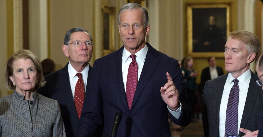 WASHINGTON, DC - JANUARY 28: U.S. Senate Majority Leader Sen. John Thune (R-SD) speaks as (L-R) Sen. Shelley Moore Capito (R-WV), Senate Majority Whip Sen. John Barrasso (R-WY), and Sen. James Lankford (R-OK) (L) listen during a news briefing after the weekly Senate Republican Policy Luncheon at the U.S. Capitol on January 28, 2026 in Washington, DC. Senate GOPs gathered for a weekly luncheon to discuss the Republican agenda. (Photo by Alex Wong/Getty Images)