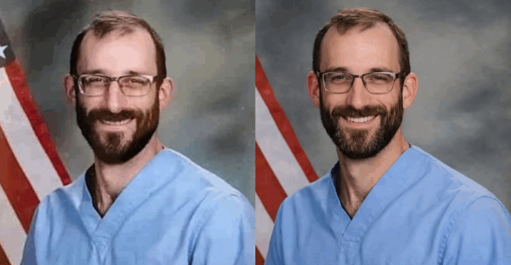 Side by side of Alex Pretti's headshot, one edited and one not.