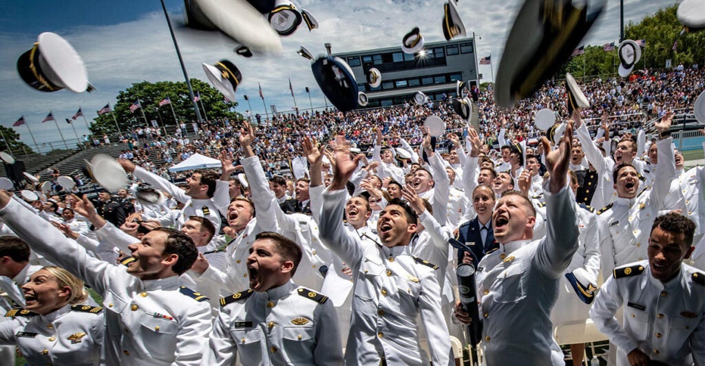 Kings Point, N.Y.: Class of 2019 graduates toss their hats during the 83rd Commencement Exercises for the United States Merchant Marine Academy in Kings Point, New York on Saturday, June 15, 2019. (Photo by J. Conrad Williams, Jr./Newsday RM via Getty Images)