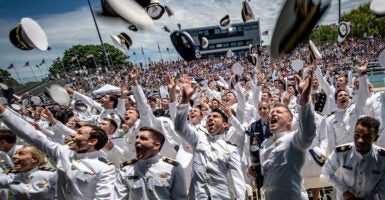 Kings Point, N.Y.: Class of 2019 graduates toss their hats during the 83rd Commencement Exercises for the United States Merchant Marine Academy in Kings Point, New York on Saturday, June 15, 2019. (Photo by J. Conrad Williams, Jr./Newsday RM via Getty Images)