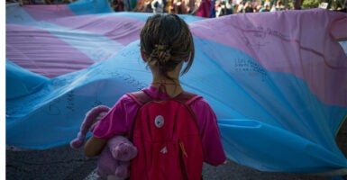 MADRID, SPAIN - 2022/07/09: A girl holds the Transgender Pride flag during the pride march held in one of the most important streets of Madrid. Thousands of people participated in the Madrid pride parade. After two years the march returned to normal with its floats that have characterised it years ago. (Photo by Luis Soto/SOPA Images/LightRocket via Getty Images)
