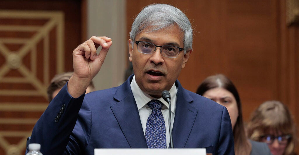 WASHINGTON, DC - FEBRUARY 03: National Institutes of Health Director Jayanta Bhattacharya testifies before the Senate Health, Education, Labor and Pensions Committee in the Dirksen Senate Office Building on Capitol Hill on February 03, 2026 in Washington, DC. Bhattacharya was asked about the 5,843 research grants frozen or cancelled by the NIH in 2025 and about his recent announcement that "NIH will no longer support research using human fetal tissue." (Photo by Chip Somodevilla/Getty Images)