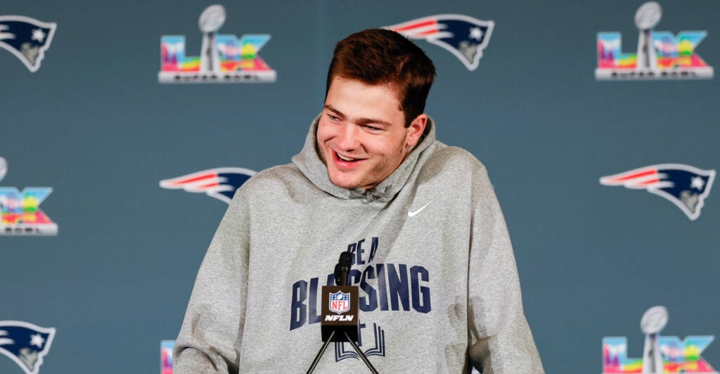 Drake Maye (10) of the New England Patriots answers questions during the Thursday press conference on Thursday, February 5th at the Santa Clara Marriott in Santa Clara, CA. (Photo by Bob Kupbens/Icon Sportswire via Getty Images)
