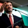 Andre Ventura, leader of Chega party, talks during a press conference after the poll results on the night of Portugal's presidential election second round in Lisbon on February 8, 2026. (Photo by FILIPE AMORIM / AFP via Getty Images)