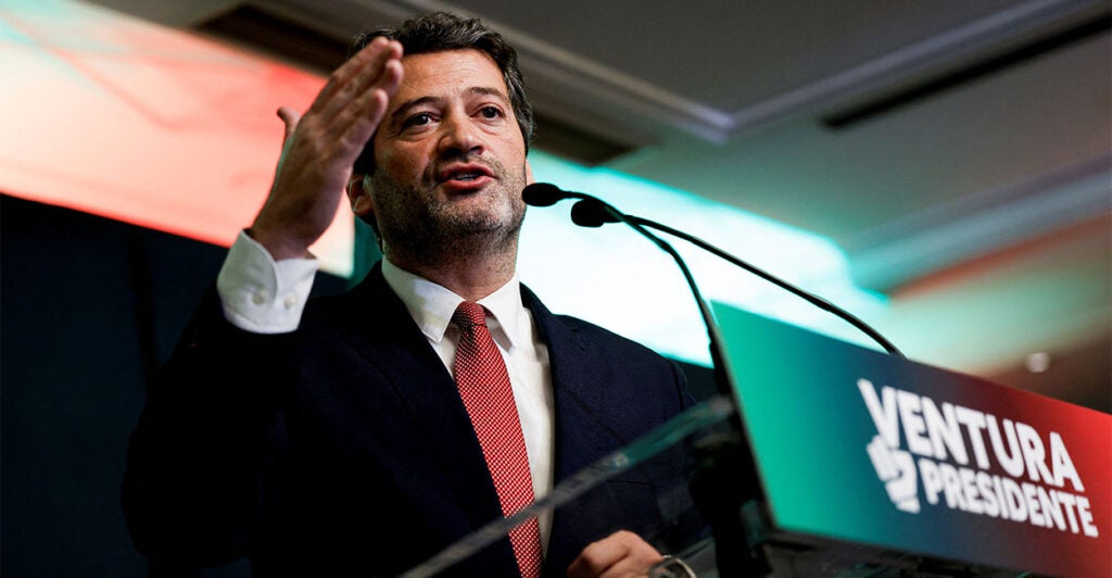 Andre Ventura, leader of Chega party, talks during a press conference after the poll results on the night of Portugal's presidential election second round in Lisbon on February 8, 2026. (Photo by FILIPE AMORIM / AFP via Getty Images)