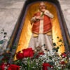 DUBLIN, IRELAND - FEBRUARY 13: Roses in front of St. Valentine's relics and statue, are seen on the eve of Saint Valentine's Day at the Carmelite Church, in Dublin, Ireland on February 13, 2023. Bishop Denis Nulty traditionally performs a ritual for engaged couples, Ilona Catharine Dorrepaal and Patrick Michael Lennon, and Orla Gavin and Patrick Corcoran, in front of the statue of Saint Valentine. (Photo by Artur Widak/Anadolu Agency via Getty Images)