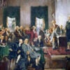 “Scene at the Signing of the Constitution of the United States,” by Howard Chandler Christy. On September 17, 1787, 39 of the 55 delegates at the constitutional convention drafted the constitution. The Constitution of the United States had to be ratified by 9 of the 13 colonies to become the supreme law of the land. By the end of 1788, 9 states had ratified the constitution. Before being dissolved, the Confederation Congress chose New York City as the first capital under the new constitution. (Photo by: Universal History Archive/Universal Images Group via Getty Images)