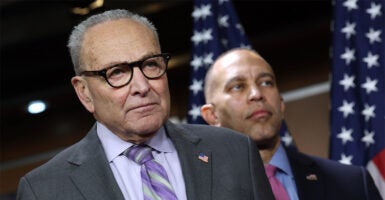 WASHINGTON, DC - FEBRUARY 04: U.S. Senate Minority Leader Chuck Schumer (D-NY) (L) and House Minority Leader (D-NY) attend a press conference on Department of Homeland Security (DHS) funding at the U.S. Capitol on February 04, 2026 in Washington, DC. The Democratic leadership outlined their demands for ICE accountability as Congress debates funding legislation for the DHS ahead of next week's deadline. (Photo by Kevin Dietsch/Getty Images)