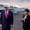 Japanese Prime Minister Sanae and President Donald Trump as they arrive aboard USS George Washington at Fleet Activities Yokosuka on October 28, 2025 in Yokosuka, Japan. Trump is visiting Japan, fresh off an appearance at the ASEAN summit in Malaysia, and will next travel to South Korea for the APEC meetings. (Photo by Andrew Harnik/Getty Images)