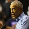 EWARK, NEW JERSEY, UNITED STATES - NOVEMBER 1: Former President of the United States Barack Obama and New Jersey Democratic gubernatorial candidate for Governor Mikie Sherrill attend 'Get out the vote' rally at the Essex County College gymnasium in Newark, New Jersey, United States on November 1, 2025. (Photo by Kyle Mazza/Anadolu via Getty Images)