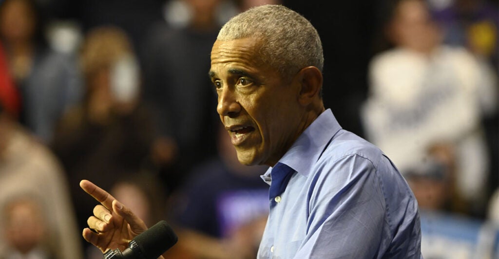 EWARK, NEW JERSEY, UNITED STATES - NOVEMBER 1: Former President of the United States Barack Obama and New Jersey Democratic gubernatorial candidate for Governor Mikie Sherrill attend 'Get out the vote' rally at the Essex County College gymnasium in Newark, New Jersey, United States on November 1, 2025. (Photo by Kyle Mazza/Anadolu via Getty Images)