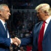 GLENDALE, ARIZONA - AUGUST 23: Former Republican presidential candidate Robert F. Kennedy Jr. and Republican presidential nominee, former U.S. President Donald Trump shake hands during a campaign rally at Desert Diamond Arena on August 23, 2024 in Glendale, Arizona. Kennedy announced today that he was suspending his presidential campaign and supporting former President Trump. (Photo by Rebecca Noble/Getty Images)