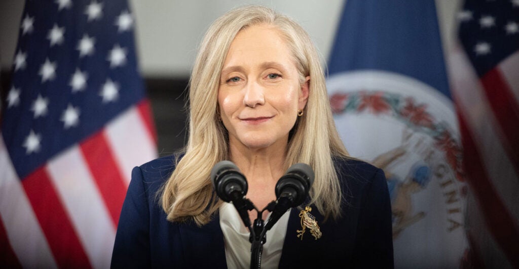 WILLIAMSBURG, VIRGINIA - FEBRUARY 24: Virginia Gov. Abigail Spanberger delivers the Democratic response to U.S. President Donald Trump's State of the Union address on February 24, 2026 in Williamsburg, Virginia. Spanberger is serving in her first year as governor and is the first woman to hold the position in the Commonwealth of Virginia. (Photo by Mike Kropf/Getty Images)