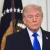 US President Donald Trump looks on during the Angel Families Remembrance Ceremony in the East Room of the White House in Washington, DC, on February 23, 2026. (Photo by SAUL LOEB / AFP via Getty Images)