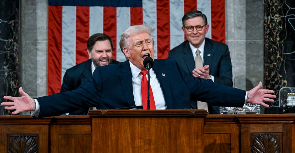 WASHINGTON, DC - FEBRUARY 24: U.S. President Donald Trump delivers the State of the Union address during a joint session of Congress in the House Chamber at the Capitol on February 24, 2026 in Washington, DC. Trump delivered his address days after the Supreme Court struck down the administration's tariff strategy, and amid a U.S. military buildup in the Persian Gulf threatening Iran. (Photo by Kenny Holston-Pool/Getty Images)