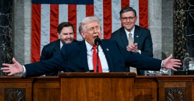 WASHINGTON, DC - FEBRUARY 24: U.S. President Donald Trump delivers the State of the Union address during a joint session of Congress in the House Chamber at the Capitol on February 24, 2026 in Washington, DC. Trump delivered his address days after the Supreme Court struck down the administration's tariff strategy, and amid a U.S. military buildup in the Persian Gulf threatening Iran. (Photo by Kenny Holston-Pool/Getty Images)