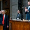 WASHINGTON, DC - FEBRUARY 24: U.S. President Donald Trump arrives to deliver the State of the Union address during a joint session of Congress in the House Chamber at the Capitol on February 24, 2026 in Washington, DC. Seated behind him are Vice President JD Vance and House Speaker Mike Johnson (R-LA). Trump delivered his address days after the Supreme Court struck down the administration's tariff strategy, and amid a U.S. military buildup in the Persian Gulf threatening Iran. (Photo by Kenny Holston-Pool/Getty Images)