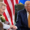 President Donald Trump shakes hands with President of the European Commission Ursula von der Leyen. (Photo by Andrew Harnik/Getty Images)