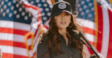 US Homeland Security Secretary Kristi Noem speaks during a press conference in Nogales, Arizona, on February 4, 2026. (Photo by Olivier Touron / AFP via Getty Images)