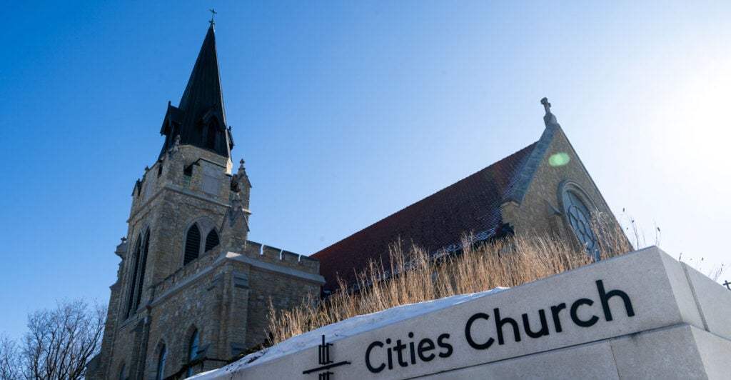 Cities Church in St. Paul, Minnesota with sign in front.