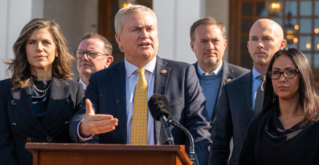 CHAPPAQUA, NEW YORK - FEBRUARY 26: Chairman of the House Oversight and Accountability Committee Rep. James Comer (R-KY) and chairman of the House Oversight and Accountability Committee, joined by Republican members of the House Oversight Committee, speaks to members of the media while arriving for a closed-door deposition with former US Secretary of State Hillary Clinton at the Chappaqua Performing Arts Center on February 26, 2026 in Chappaqua, New York. Former Secretary of State Hillary Clinton is set to provide testimony to the Republican-led House Oversight Committee this Thursday as part of an ongoing inquiry into the Jeffrey Epstein case.(Photo by David Dee Delgado/Getty Images)