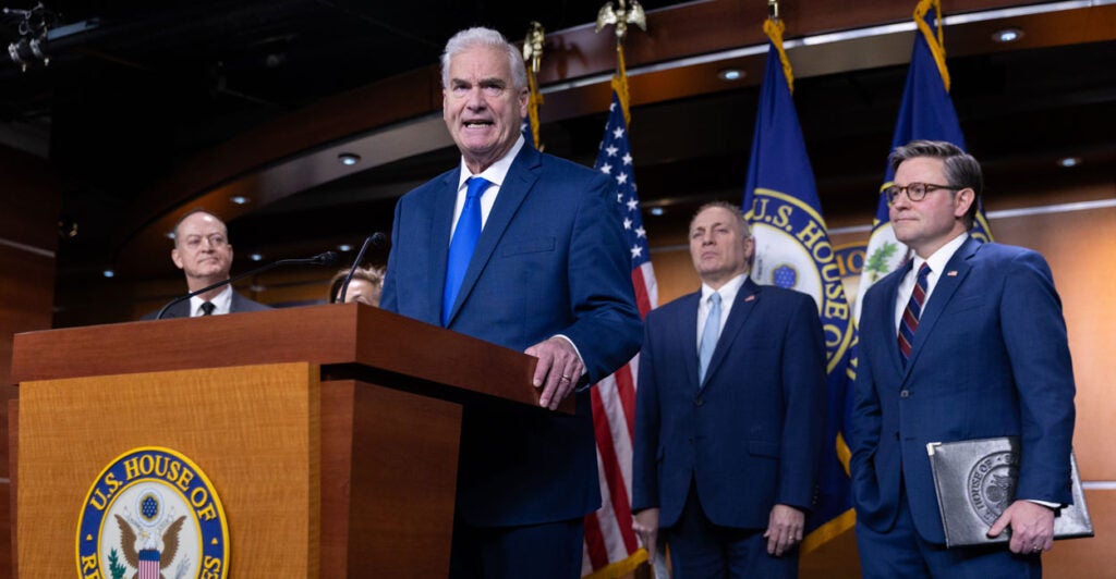 House Majority Whip Tom Emmer (R-MN) speaks at a press conference with other members of House Republican leadership in Washington, DC on January 13, 2026.