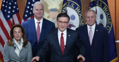 Speaker of the House Mike Johnson speaks during a press conference.