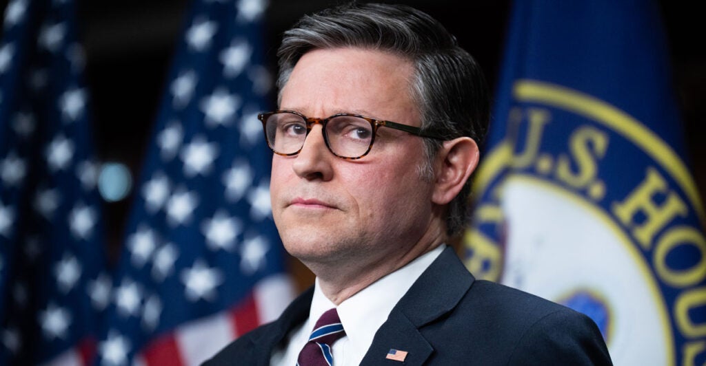 Mike Johnson speaks to reporters at a capitol press conference.