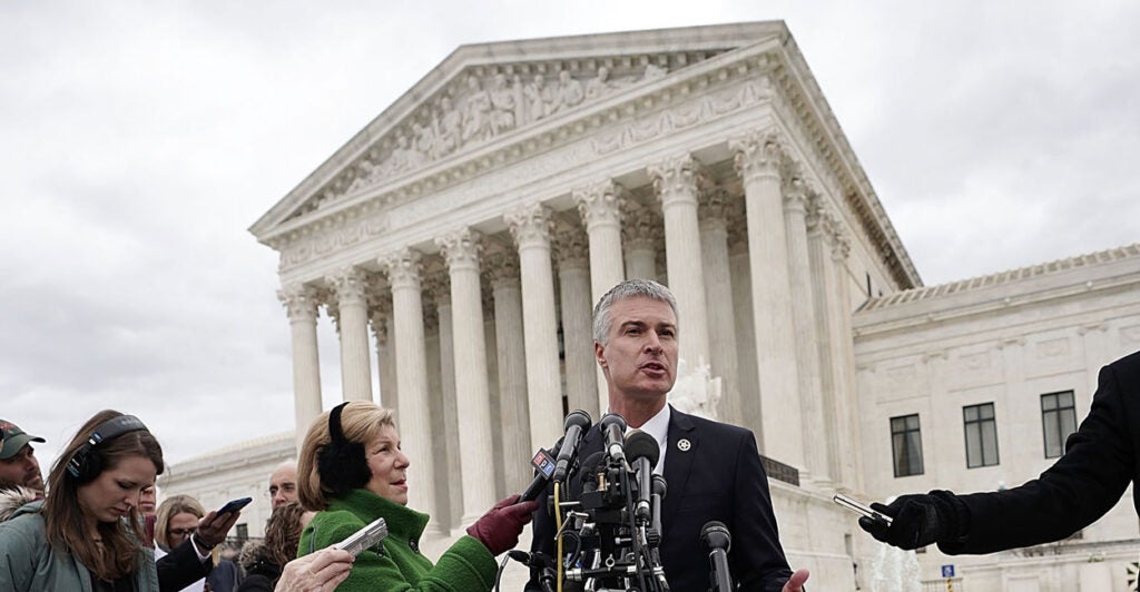 South Dakota Attorney General Marty Jackley speaks to members of the media in front of the U.S. Supreme Court April 17, 2018 in Washington, DC.