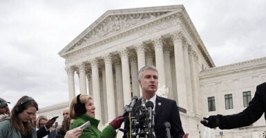South Dakota Attorney General Marty Jackley speaks to members of the media in front of the U.S. Supreme Court April 17, 2018 in Washington, DC.