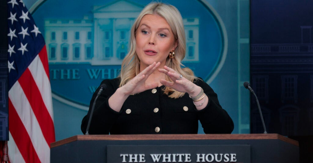 WASHINGTON, DC - FEBRUARY 18: White House Press Secretary Karoline Leavitt speaks during a news briefing in the James S. Brady Press Briefing Room of the White House on February 18, 2026 in Washington, DC. Leavitt spoke to reporters on a range of topics amid a partial government shutdown that has paused funding for the Department of Homeland Security. (Photo by Chip Somodevilla/Getty Images)