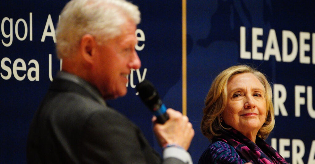 Hillary Clinton during an in-conversation with former US President Bill Clinton, the First Minister of Wales, Mark Drakeford, and the Vice-Chancellor of Swansea University, Professor Paul Boyle, about current global challenges and the importance of engaging young people in leadership roles at the Great Hall in Swansea University Bay Campus. Picture date: Thursday November 16, 2023. (Photo by Ben Birchall/PA Images via Getty Images)