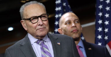 Senate Minority Leader Chuck Schumer and Hakeem Jeffries speak at a Capitol press conference.