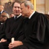 WASHINGTON, DC - JANUARY 20: U.S. Supreme Court Associate Justice Brett Kavanaugh and U.S. Supreme Court Chief Justice John Roberts speak during inauguration ceremonies in the Rotunda of the U.S. Capitol on January 20, 2025 in Washington, DC. Donald Trump takes office for his second term as the 47th president of the United States. (Photo by Chip Somodevilla/Getty Images)