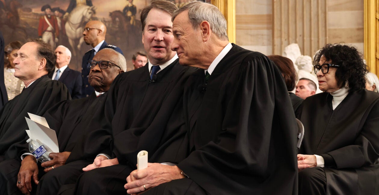 WASHINGTON, DC - JANUARY 20: U.S. Supreme Court Associate Justice Brett Kavanaugh and U.S. Supreme Court Chief Justice John Roberts speak during inauguration ceremonies in the Rotunda of the U.S. Capitol on January 20, 2025 in Washington, DC. Donald Trump takes office for his second term as the 47th president of the United States. (Photo by Chip Somodevilla/Getty Images)