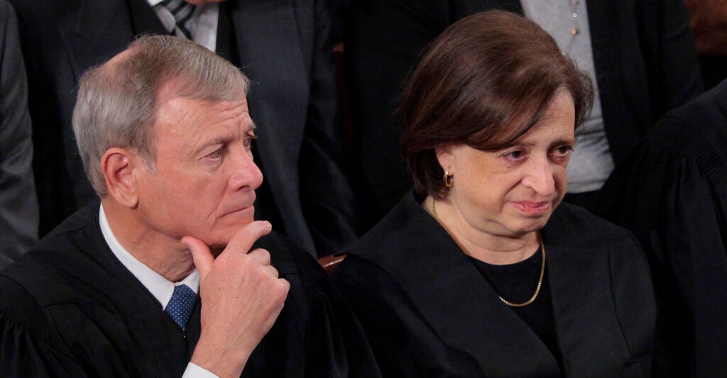 WASHINGTON, DC - FEBRUARY 24: Supreme Court Chief Justice John Roberts, and Associate Justice Elena Kagan attend the State of the Union address during a Joint Session of Congress at the U.S. Capitol on February 24, 2026, in Washington, DC. Trump delivered his address days after the Supreme Court struck down the administration's tariff strategy and amid a U.S. military buildup in the Persian Gulf threatening Iran. (Photo by Chip Somodevilla/Getty Images)
