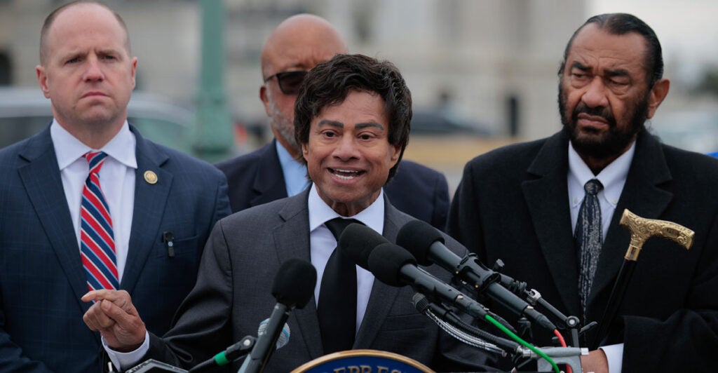House Homeland Security Committee member Rep. Shri Thanedar D-Mich., (C) speaks during a news conference with fellow committee Democrats (L-R) Rep. Tim Kennedy, D-N.Y., committee ranking member Rep. Bennie Thompson, D-Miss., and Rep. Al Green, D-Texas.