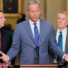 Senate Majority Leader John Thune (R-SD) speaks with reporters alongside Sen. John Barrasso (R-WY) (L) and Sen. James Lankford (R-OK) after Senate luncheons on February 25, 2026