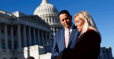 Rep. Tony Gonzales (R-TX) and U.S. Rep. Marjorie Taylor Greene (R-GA) outside the U.S. Capitol.