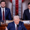 President Donald J Trump addresses a joint session of Congress as Vice President JD Vance and Speaker of the House Mike Johnson.