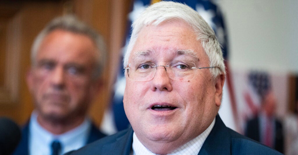 UNITED STATES - AUGUST 4: Governor of West Virginia Patrick Morrisey speaks during an event where Secretary of Agriculture Brooke Rollins signed SNAP food choice waivers at the USDA Whitten Building on Monday, August 4, 2025. HHS Secretary Robert F. Kennedy Jr., also appears. (Tom Williams/CQ-Roll Call, Inc via Getty Images)