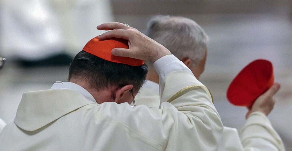 ROME, ITALY - 2025/05/03: Cardinal wears skullcap. Cardinal Fernandez Artime presides over the eighth Mass of the Novendiali in suffrage of Pope Francis at the altar of St. Peter in the Vatican Basilica. Waiting for the conclave and the election of the new Pontiff. (Photo by Marco Iacobucci/SOPA Images/LightRocket via Getty Images)