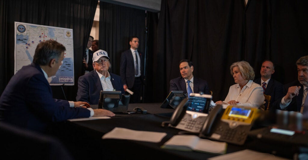 President Trump sits with Marco Rubio, Susan Wiles, and others in White House Situation Room.