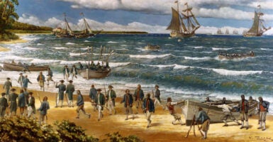 New Providence Raid, March 1776, oil painting on canvas by V. Zveg, 1973, depicting Continental Sailors and Marines landing on New Providence Island, Bahamas, on March 3, 1776. (U.S. Naval History and Heritage Command, public domain)