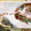 God and Man reach out to touch in the Creation of Adam from the Sistine Chapel ceiling by Michelangelo Buonarroti.