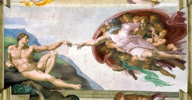 God and Man reach out to touch in the Creation of Adam from the Sistine Chapel ceiling by Michelangelo Buonarroti.