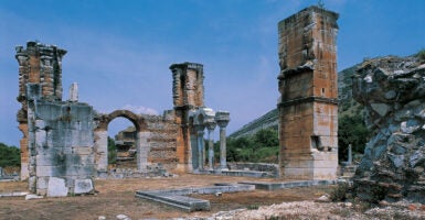 The ruins of Philippi against a blue sky.